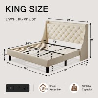 Einhomn King Size Bed Frame With Wingback Button Tufted Storage Headboard And Type Ac Ports Upholstered Platform Bed Wooden Sl