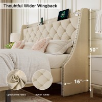 Einhomn King Size Bed Frame With Wingback Button Tufted Storage Headboard And Type Ac Ports Upholstered Platform Bed Wooden Sl