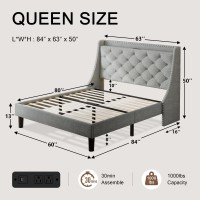 Einhomn Queen Size Bed Frame With Wingback Button Tufted Storage Headboard And Type Ac Ports Upholstered Platform Bed Wooden S