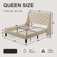 Einhomn Queen Size Bed Frame With Wingback Button Tufted Storage Headboard And Type Ac Ports Upholstered Platform Bed Wooden S