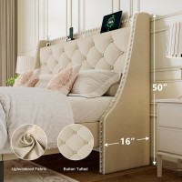 Einhomn Queen Size Bed Frame With Wingback Button Tufted Storage Headboard And Type Ac Ports Upholstered Platform Bed Wooden S