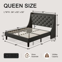 Einhomn Queen Size Bed Frame With Wingback Button Tufted Storage Headboard And Type Ac Ports Upholstered Platform Bed Wooden S