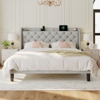 Einhomn King Size Bed Frame With Wingback Button Tufted Storage Headboard And Type Ac Ports Upholstered Platform Bed Wooden Sl