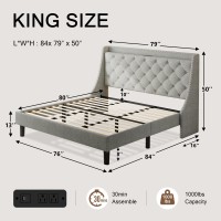 Einhomn King Size Bed Frame With Wingback Button Tufted Storage Headboard And Type Ac Ports Upholstered Platform Bed Wooden Sl