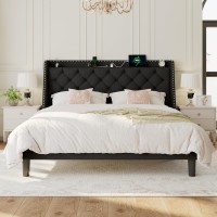 Einhomn King Size Bed Frame With Wingback Button Tufted Storage Headboard And Type Ac Ports Upholstered Platform Bed Wooden Sl