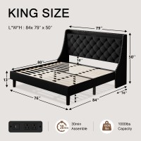 Einhomn King Size Bed Frame With Wingback Button Tufted Storage Headboard And Type Ac Ports Upholstered Platform Bed Wooden Sl