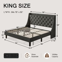 Einhomn King Size Bed Frame With Wingback Button Tufted Storage Headboard And Type Ac Ports Upholstered Platform Bed Wooden Sl