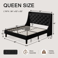 Einhomn Queen Size Bed Frame With Wingback Button Tufted Storage Headboard And Type Ac Ports Upholstered Platform Bed Wooden S