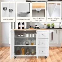 Silkydry Kitchen Island With Drop Leaf, Movable Kitchen Carts On Wheels With Storage, Rubber Wood Breakfast Bar Table, Rolling Butcher Block Island With Drawers, Spice Holder, Towel Rack (White)