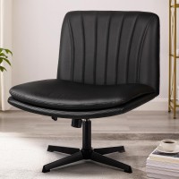 Pukami Criss Cross Legged Office Chair Armless Office Desk Chair No Wheels Pu Leather Modern Swivel Vanity Chair Height Adjustab