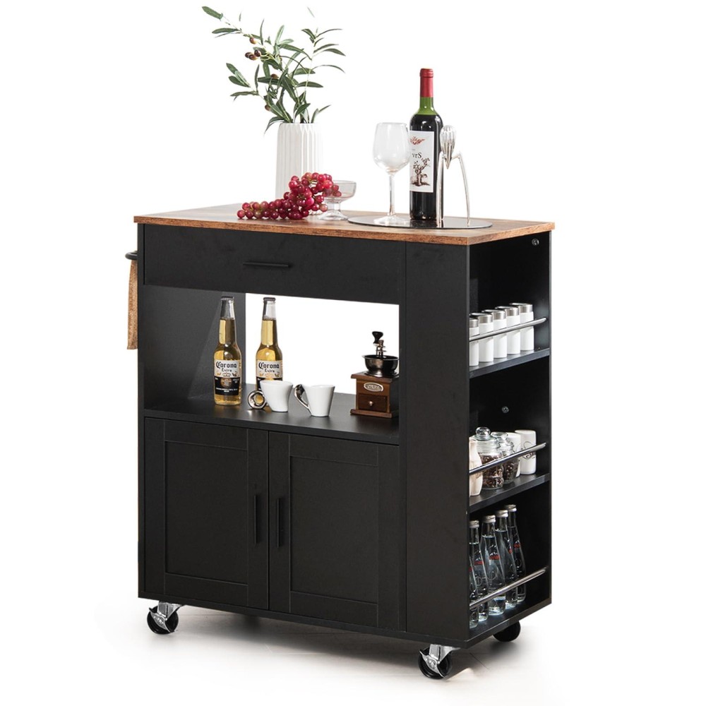 Silkydry Kitchen Island Cart, Rolling Kitchen Carts On Wheels With Storage, Small Kitchen Trolley Cart With Drawer, Open Shelf, Towel & Spice Rack, Movable Island For Dining Room (Black)