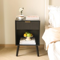 Fultyle Black Fluted Nightstand Modern Bedside Table With Drawer And Opening Storage End Side Table Living Room With Solid Woo