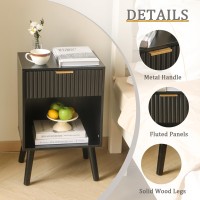 Fultyle Black Fluted Nightstand Modern Bedside Table With Drawer And Opening Storage End Side Table Living Room With Solid Woo