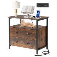 Edbuosy 27 Inch Wide Nightstand With Charging Station Bedside Table With Open Shelf 2 Drawers Small Wood Dresser End Side Tab