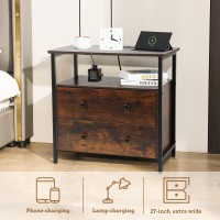 Edbuosy 27 Inch Wide Nightstand With Charging Station Bedside Table With Open Shelf 2 Drawers Small Wood Dresser End Side Tab