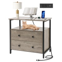 Edbuosy 27 Inch Wide Nightstand With Charging Station Bedside Table With Open Shelf 2 Drawers Small Wood Dresser End Side Tab