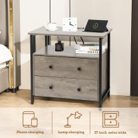 Edbuosy 27 Inch Wide Nightstand With Charging Station Bedside Table With Open Shelf 2 Drawers Small Wood Dresser End Side Tab