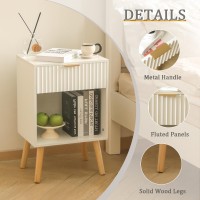 Fultyle White Nightstand Modern Bedside Table With Drawer And Opening Storage Fluted End Side Table Living Room With Solid Woo