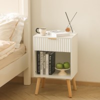 Fultyle White Nightstand Modern Bedside Table With Drawer And Opening Storage Fluted End Side Table Living Room With Solid Woo