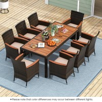Oralner 9 Pieces Outdoor Dining Set, Patio Wicker Dining Table And Chairs Set With Acacia Wood Table Top, Seat Cushions, Rattan Dining Table Set For 8, Garden Yard Poolside Deck (Brown)