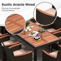 Oralner 9 Pieces Outdoor Dining Set, Patio Wicker Dining Table And Chairs Set With Acacia Wood Table Top, Seat Cushions, Rattan Dining Table Set For 8, Garden Yard Poolside Deck (Brown)