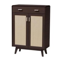 Baxton Studio Giancarlo Brown Wood 2-Door Shoe Cabinet With Rattan Door