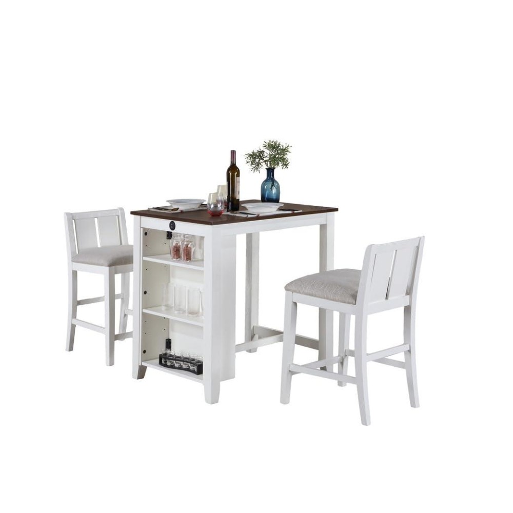 Graham 3-Piece White Finish Small Space Counter Height Dining Table with Shelves and 2 Chairs