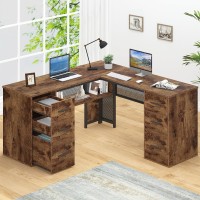 Hsh L Shaped Computer Desk With File Drawers Large Metal Wood L Shape Table With Storage Cabinet Shelves Reversible Corner Hom