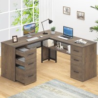 Hsh Large L Shaped Home Office Desk With Drawers Rustic Lshaped Computer Desk With Storage File Cabinet Shelves Corner Revers