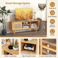 Giantex Tv Stand For Living Room Tvs Up To 55?? Bamboo Entertainment Center With 3-Level Adjustable Shelf, Cable Management Holes, Pe Rattan & Tempered Glass Sliding Door, Tv Cabinet For Bedroom