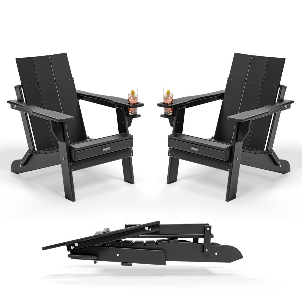 VINGLI Oversized Plastic Folding Adirondack Chairs Set of 2 with Cup Holder, Waterproof HDPE Outdoor Fire Pit Chairs for Patio, Pool, Bonfire, Capacity 400LBS, Black