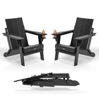 VINGLI Oversized Plastic Folding Adirondack Chairs Set of 2 with Cup Holder, Waterproof HDPE Outdoor Fire Pit Chairs for Patio, Pool, Bonfire, Capacity 400LBS, Black