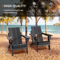 VINGLI Oversized Plastic Folding Adirondack Chairs Set of 2 with Cup Holder, Waterproof HDPE Outdoor Fire Pit Chairs for Patio, Pool, Bonfire, Capacity 400LBS, Black