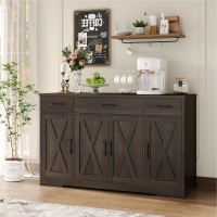 HOSTACK Buffet Cabinet with Drawers, 55 Large Sideboard Buffet Storage Cabinet with Shelves & 4 Doors, Modern Farmhouse Coffee Bar Cabinet Wood Buffet Table for Kitchen, Dining Room, Dark Brown