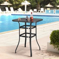 Yaheetech Outdoor Patio Bar Table Dining Table Bistro Square High Top Dining Table With Tempered Glass Tabletop Sturdy Iron Fra