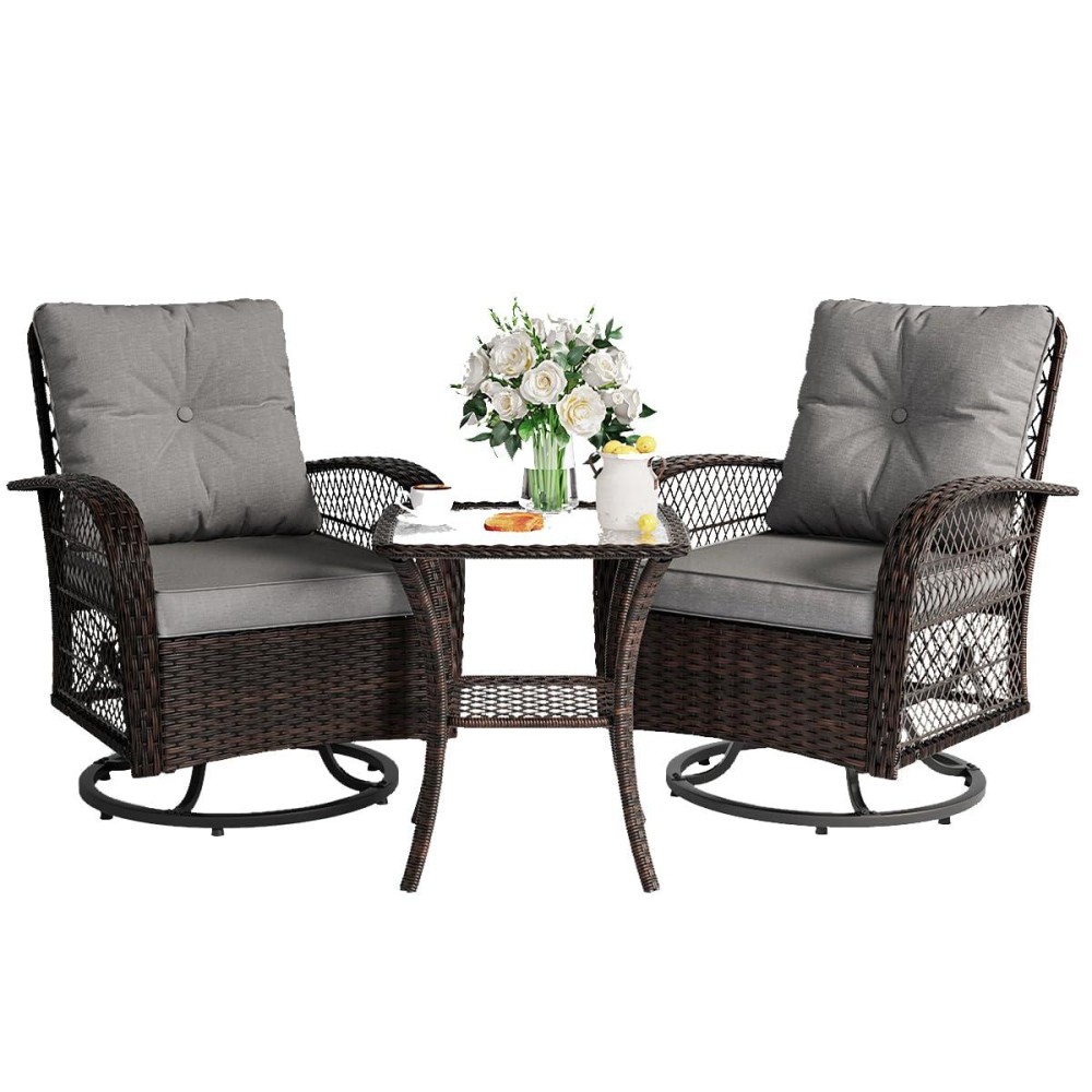 Vonzoy 3 Pieces Patio Furniture Set Outdoor Swivel Glider Rocker Wicker Patio Bistro Set With Rocking Chair Thickened Cushion