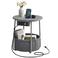 Vasagle Side Table With Charging Station Round End Table With Fabric Basket Nightstand With Power Outlets Usb Ports For Livin