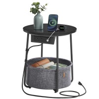 Vasagle Side Table With Charging Station Round End Table With Fabric Basket Nightstand With Power Outlets Usb Ports For Livin