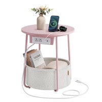 Vasagle Side Table With Charging Station Round End Table With Fabric Basket Nightstand With Power Outlets Usb Ports For Livin