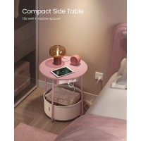 Vasagle Side Table With Charging Station Round End Table With Fabric Basket Nightstand With Power Outlets Usb Ports For Livin