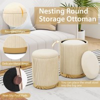 Giantex Ottoman With Storage - Set Of 2 Storage Ottomans, 1 Large & 1 Small Nesting Ottoman Side Table, Upholstered Velvet Round Foot Rest Vanity Stool For Bedroom Living Room (Beige & Golden)