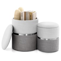 Giantex Ottoman With Storage - Set Of 2 Storage Ottomans, 1 Large & 1 Small Nesting Ottoman Side Table, Upholstered Linen Round Foot Rest Vanity Stool For Bedroom Living Room (Gray & Silver)