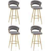 Costway Velvet Bar Stool Set Of 4, 29??Bar Height Stools With Woven Backrest & Gold Metal Legs, Upholstered Kitchen Stools, Modern Armless Bar Chairs With Footrest For Island, Dining Room (4, Gray)