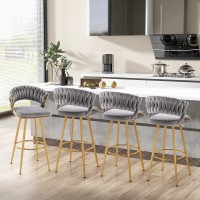 Costway Velvet Bar Stool Set Of 4, 29??Bar Height Stools With Woven Backrest & Gold Metal Legs, Upholstered Kitchen Stools, Modern Armless Bar Chairs With Footrest For Island, Dining Room (4, Gray)
