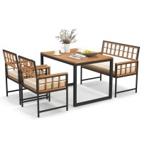 Tangkula 4 Piece Patio Dining Set, Outdoor Wood Dining Furniture W/ 2 Chairs & 1 Loveseat, 47??Acacia Wood Table W/Umbrella Hole, Cozy Seat Cushions, Outside Furniture Set For Backyard, Poolside