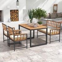 Tangkula 4 Piece Patio Dining Set, Outdoor Wood Dining Furniture W/ 2 Chairs & 1 Loveseat, 47??Acacia Wood Table W/Umbrella Hole, Cozy Seat Cushions, Outside Furniture Set For Backyard, Poolside