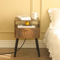 Mid Century Modern Nightstand With Charging Station Wood Bedside Table With Drawer Modern End Table For Bedroom And Small Spac