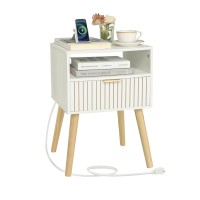 White Nightstand With Charging Station Mid Century Modern Nightstand With Liner Drawer And Solid Wood Legs Small Bedside Table