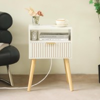 White Nightstand With Charging Station Mid Century Modern Nightstand With Liner Drawer And Solid Wood Legs Small Bedside Table