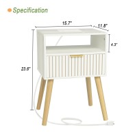 White Nightstand With Charging Station Mid Century Modern Nightstand With Liner Drawer And Solid Wood Legs Small Bedside Table